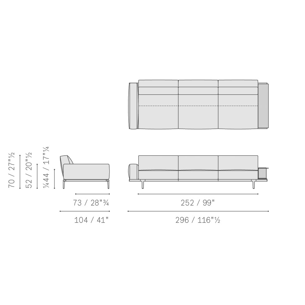 Divano 3 Posti Asimmetrico con Mobile terminale, bracciolo basso – cm. 296 L. x 104 P. x 70 H.