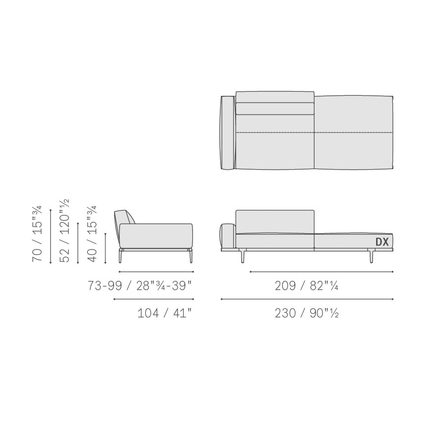 Poltrona Large con Panca dx/sx, bracciolo basso – cm. 230 L. x 104 P. x 70 H.