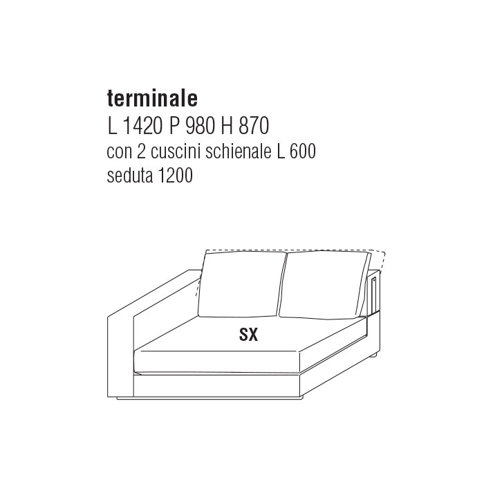 Divano Terminale Sx cm. 142Lx98P con 2 cuscini schienale cm. 60