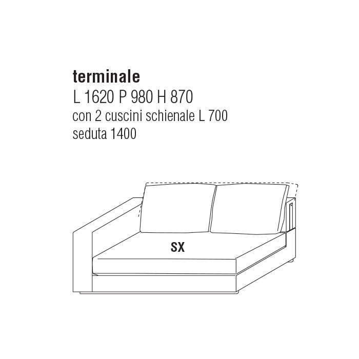 Divano Terminale Sx cm. 162Lx98P con cuscini schienale cm. 60