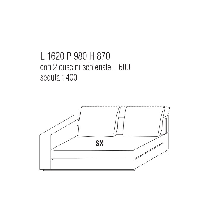 Divano Terminale Sx cm. 162Lx98P con cuscini schienale cm. 60