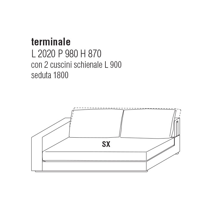 Divano Terminale Sx cm. 202Lx98P con cuscini schienale cm. 90