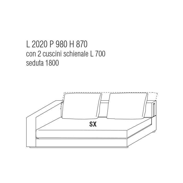 Divano Terminale Sx cm. 202Lx98P con cuscini schienale cm. 70