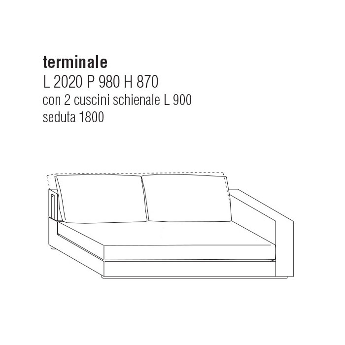 Divano Terminale Dx cm. 222Lx98P con cuscini schienale cm. 80