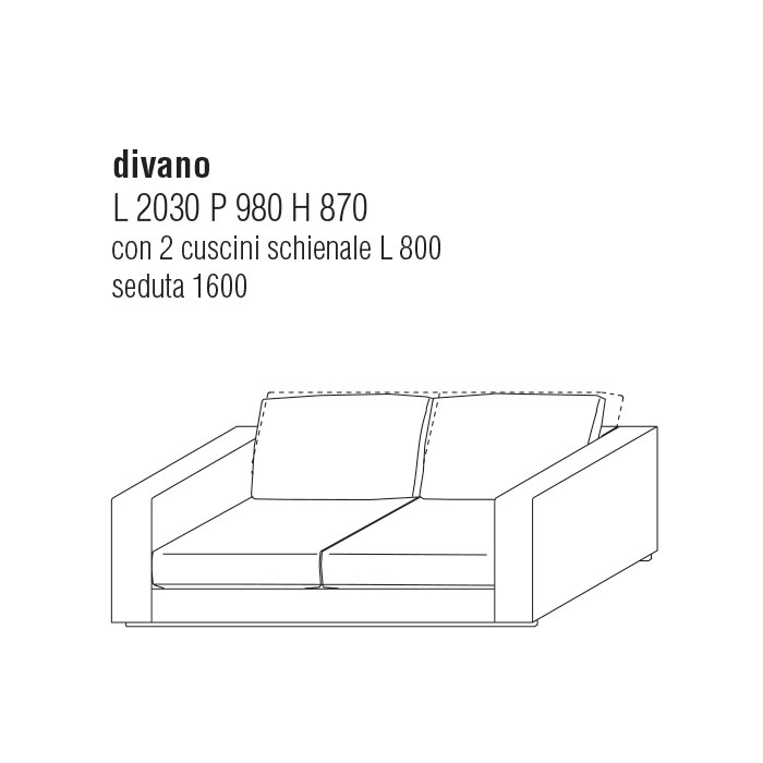 Divano cm. 203Lx98P con cuscini schienale cm. 80