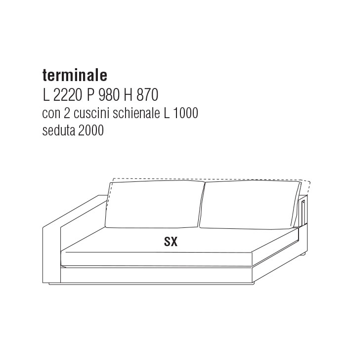 Divano Terminale Sx cm. 222Lx98P con cuscini schienale cm. 80