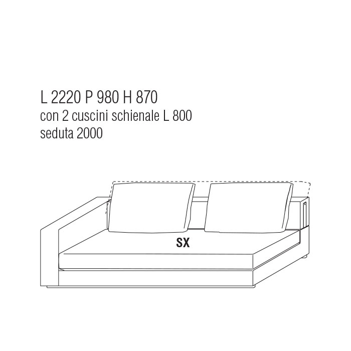 Divano Terminale Sx cm. 222Lx98P con cuscini schienale cm. 100