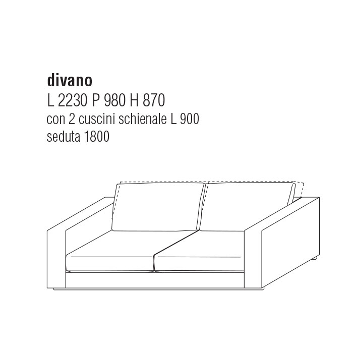 Divano cm. 223Lx98P con cuscini schienale cm. 90