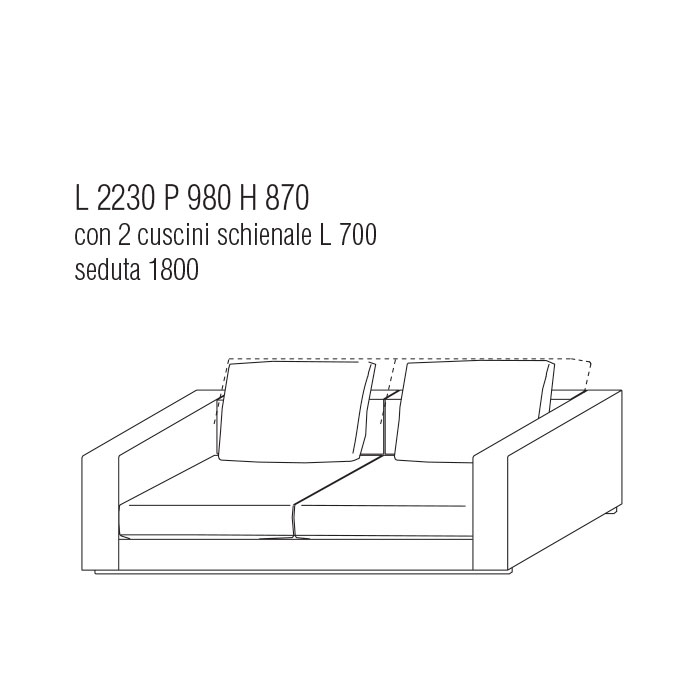 Divano cm. 223Lx98P con cuscini schienale cm. 70