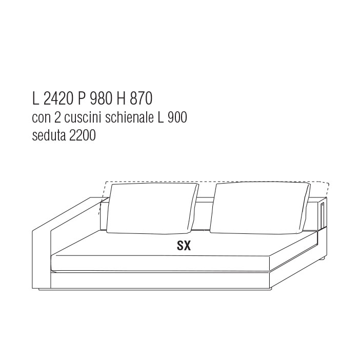 Divano Terminale Sx cm. 242Lx98P con cuscini schienale cm. 110