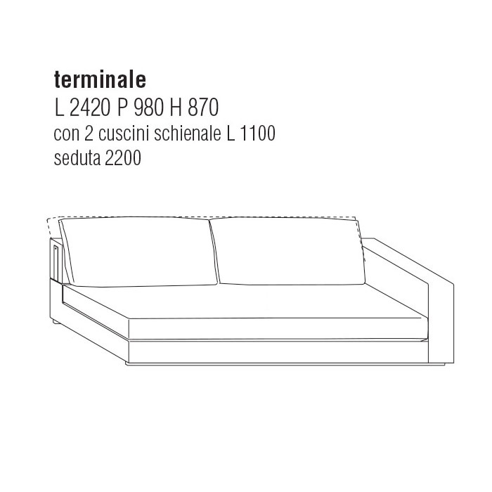 Divano Terminale Dx cm. 242Lx98P con cuscini schienale cm. 90