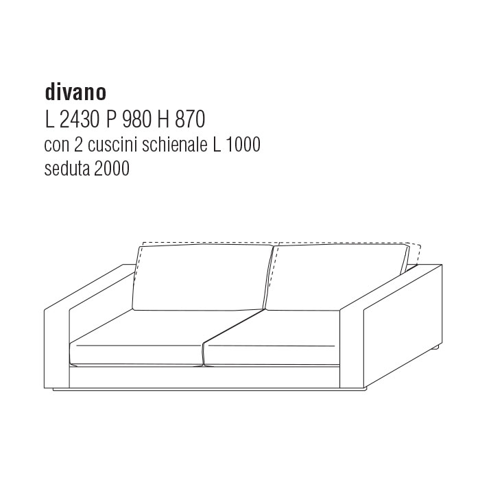 Divano cm. 243Lx98P con cuscini schienale cm. 80