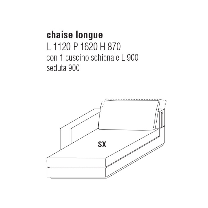 Chaise Longue Sx cm. 112Lx162P con 1 cuscino schienale cm. 90