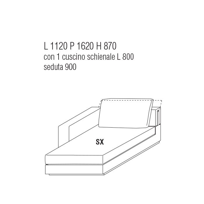 Chaise Longue Sx cm. 112Lx162P con 1 cuscino schienale cm. 80