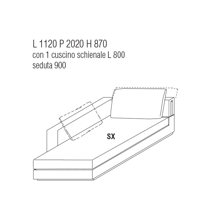 Chaise Longue Sx cm. 112Lx202P con 1 cuscino schienale cm. 80