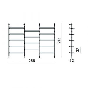 8916 – L. 288 x P. 32 x H. 215 cm – 4 montanti, 14 ripiani